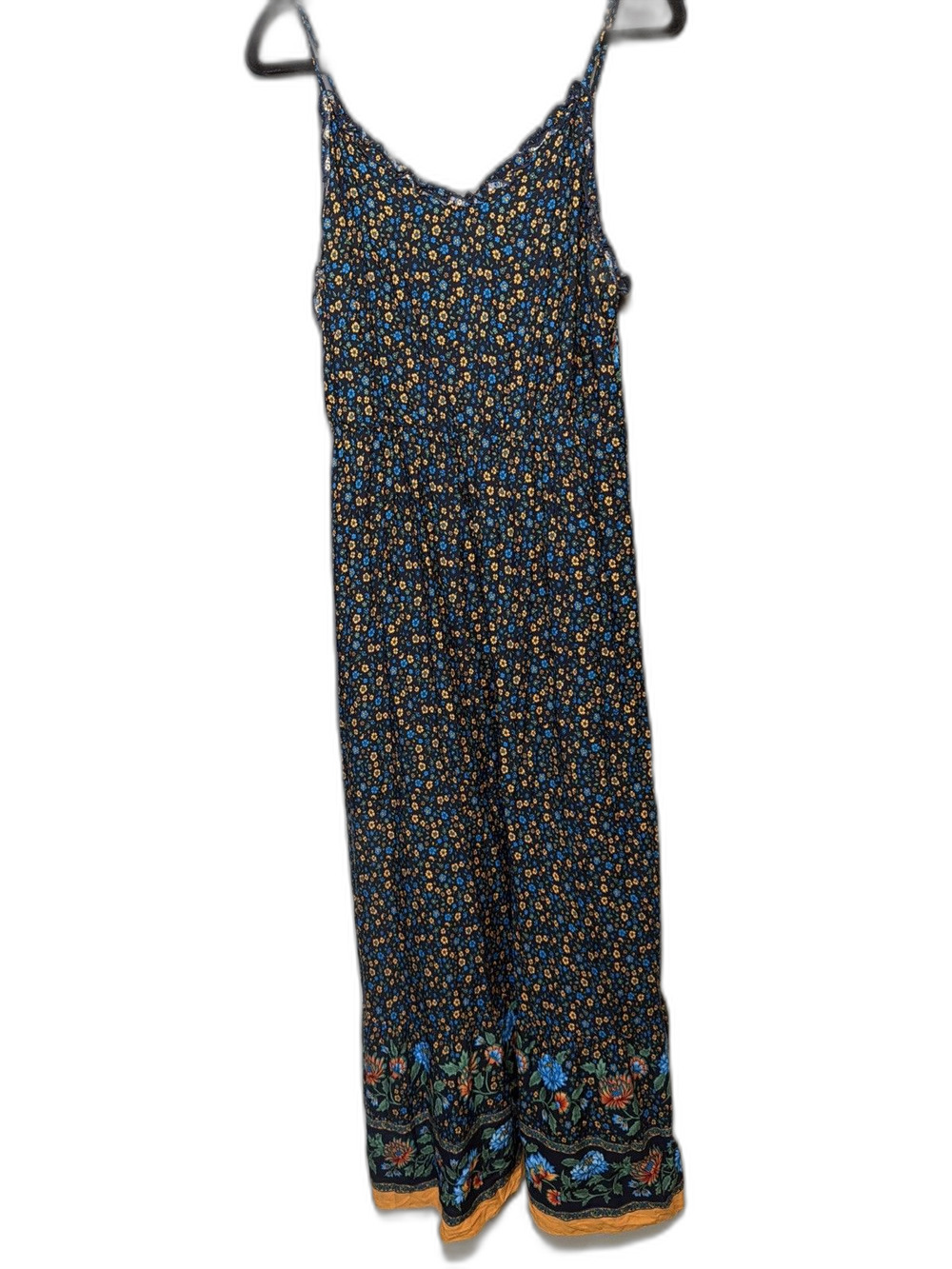 Dark Boho Maxi Floral Strap Dress Black Smocked Multicolor Whimsygoth Size L